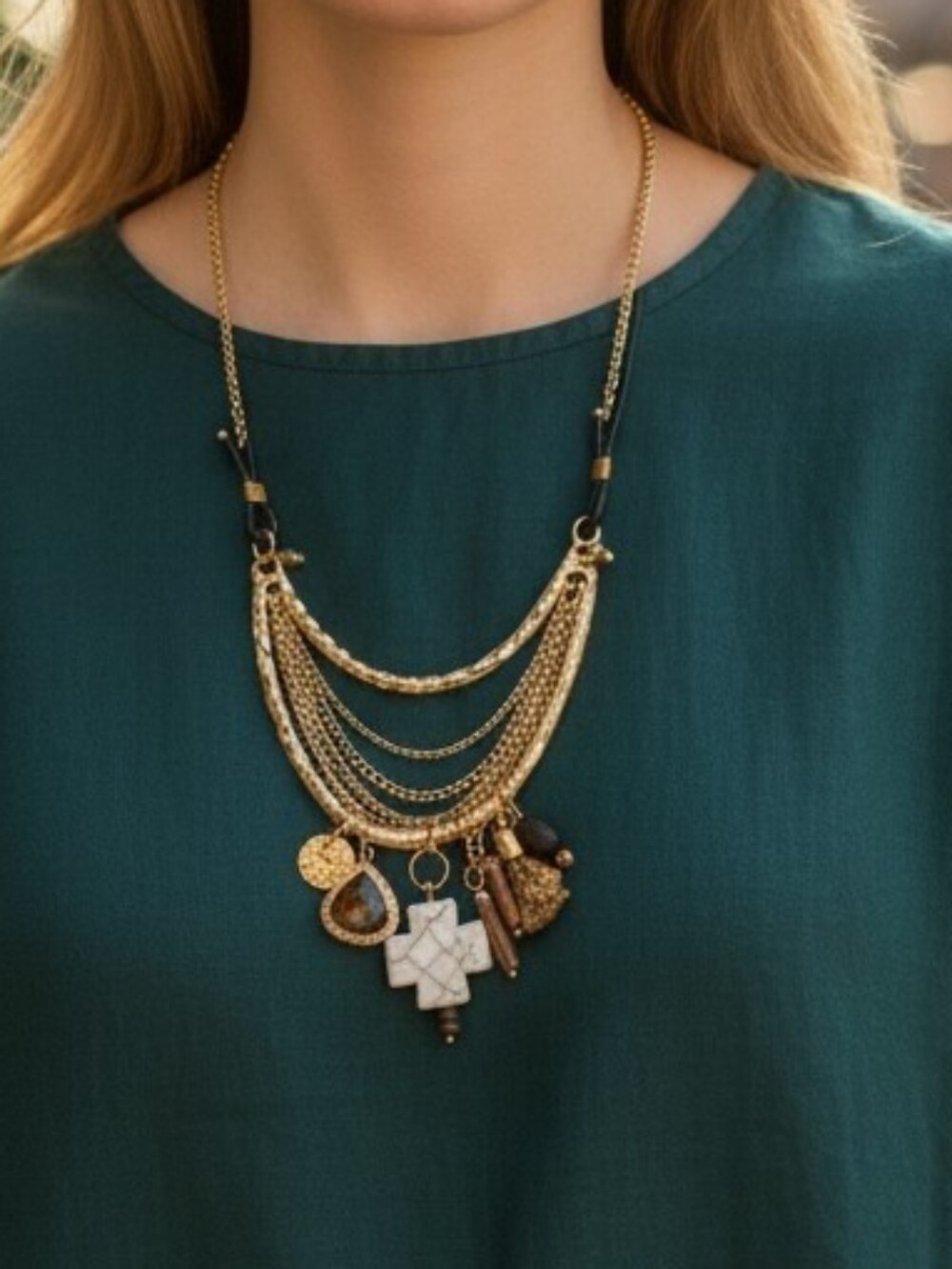 Gold Multi-Chain Pendant Necklace with Brown Accents